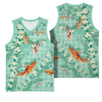 Green Palaka Hawaiian And Japanese Basketball Jersey Sakura Lei With Koi Fish - Polynesian Pride