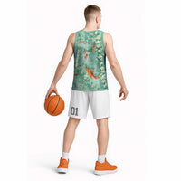 Green Palaka Hawaiian And Japanese Basketball Jersey Sakura Lei With Koi Fish - Polynesian Pride
