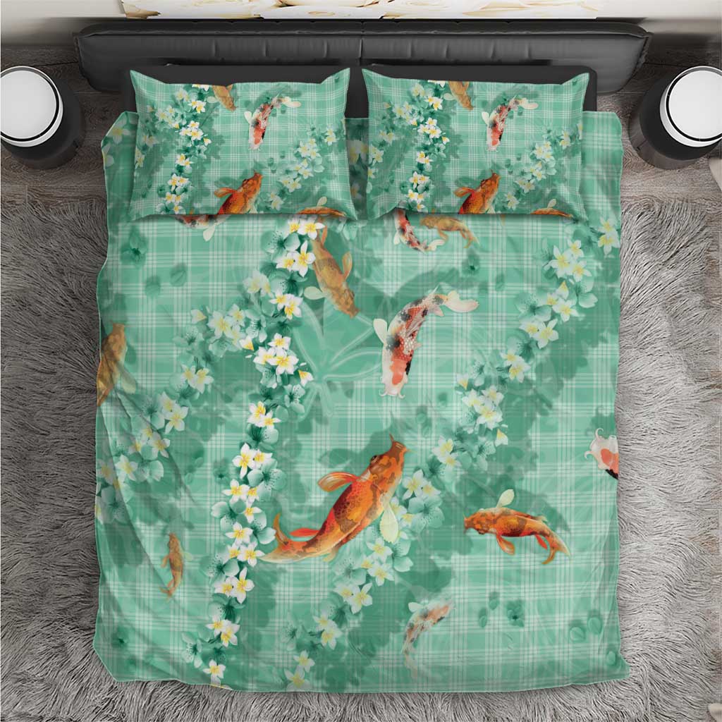 Green Palaka Hawaiian And Japanese Bedding Set Sakura Lei With Koi Fish - Polynesian Pride