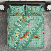 Green Palaka Hawaiian And Japanese Bedding Set Sakura Lei With Koi Fish - Polynesian Pride