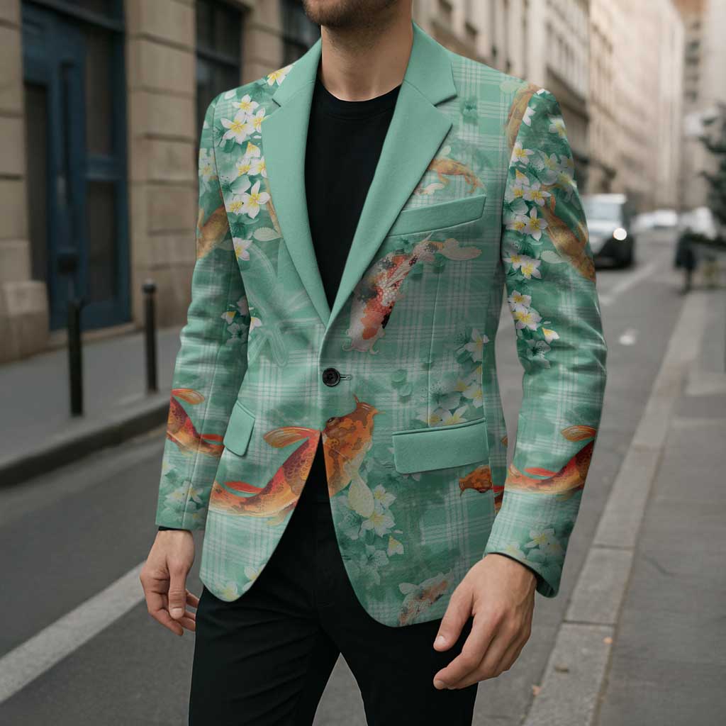 Green Palaka Hawaiian And Japanese Blazer Sakura Lei With Koi Fish - Polynesian Pride