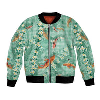 Green Palaka Hawaiian And Japanese Bomber Jacket Sakura Lei With Koi Fish - Polynesian Pride