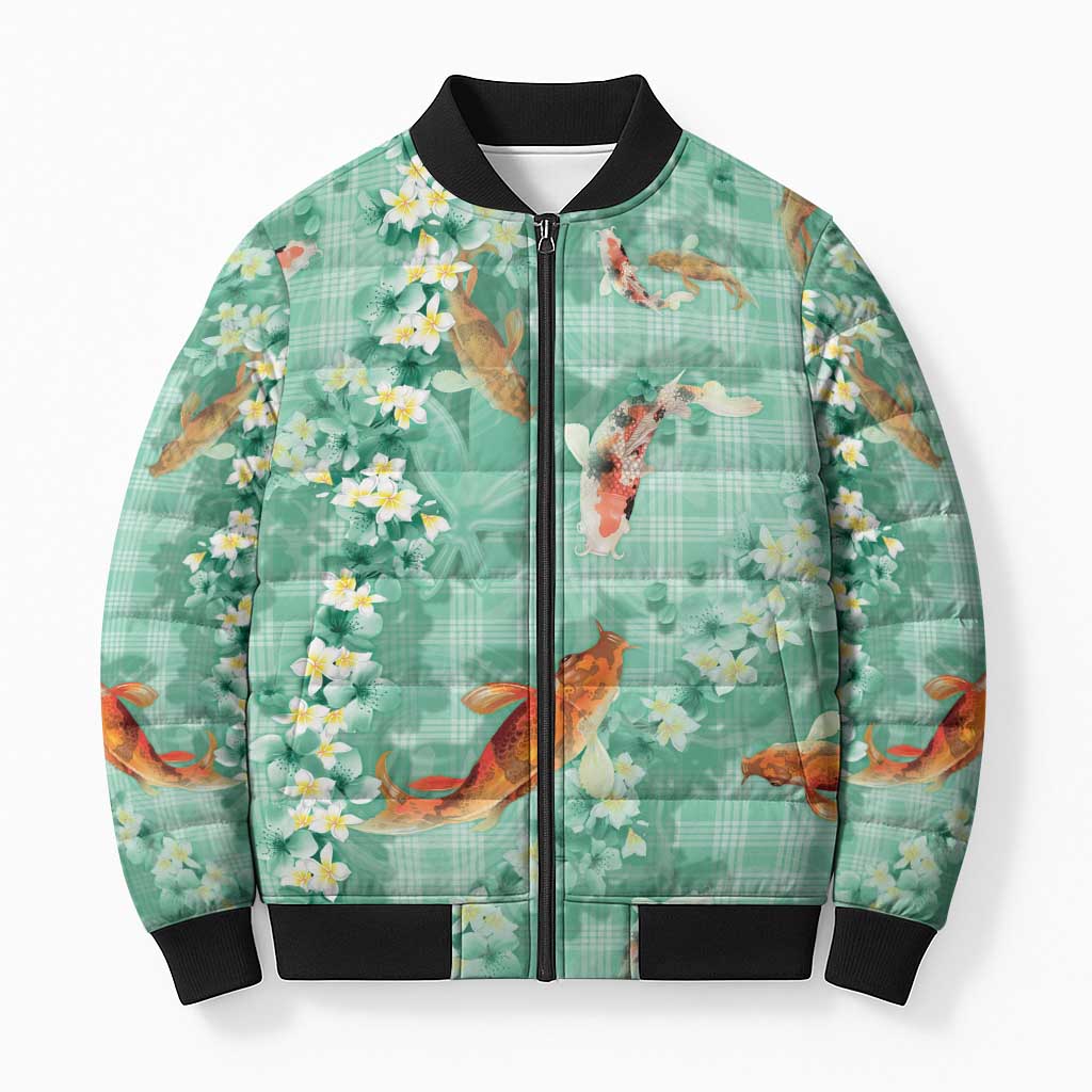 Green Palaka Hawaiian And Japanese Bomber Puffer Jacket Sakura Lei With Koi Fish - Polynesian Pride