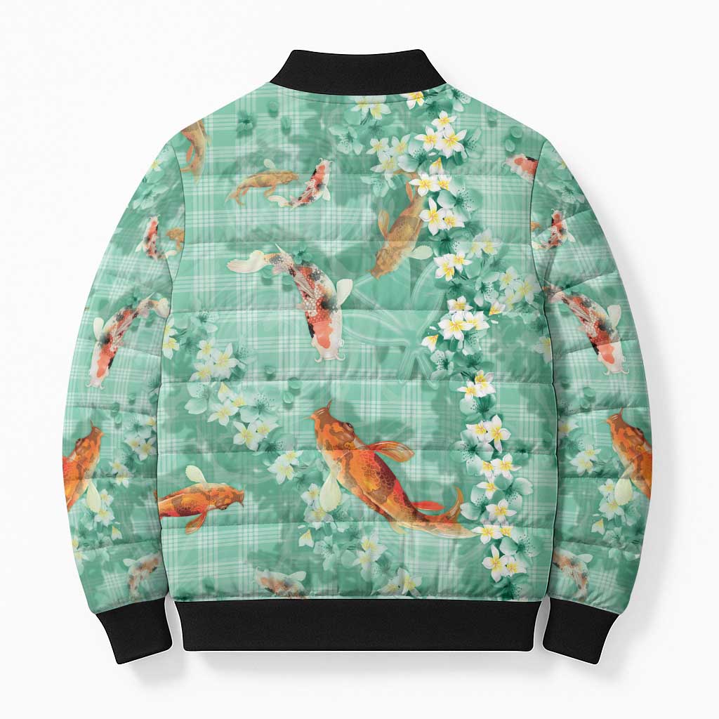 Green Palaka Hawaiian And Japanese Bomber Puffer Jacket Sakura Lei With Koi Fish - Polynesian Pride