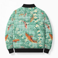 Green Palaka Hawaiian And Japanese Bomber Puffer Jacket Sakura Lei With Koi Fish - Polynesian Pride