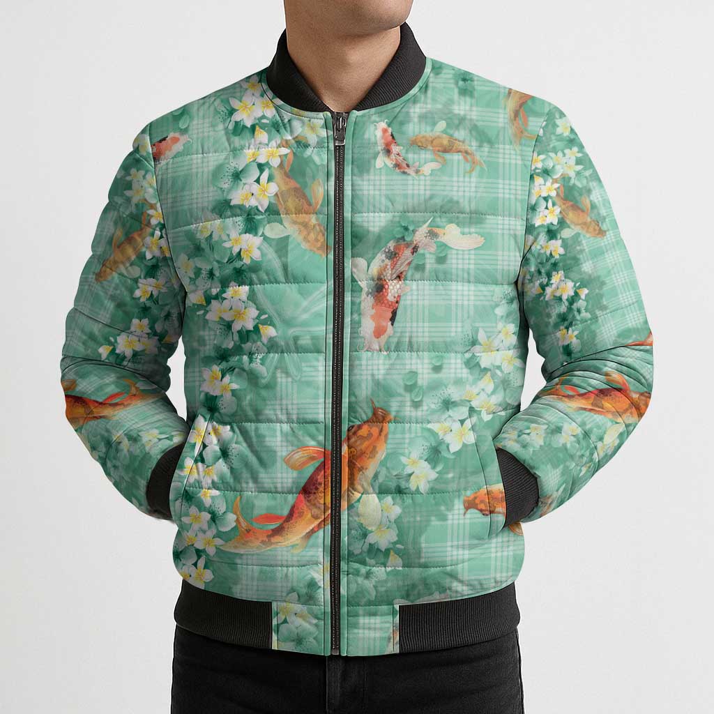 Green Palaka Hawaiian And Japanese Bomber Puffer Jacket Sakura Lei With Koi Fish - Polynesian Pride