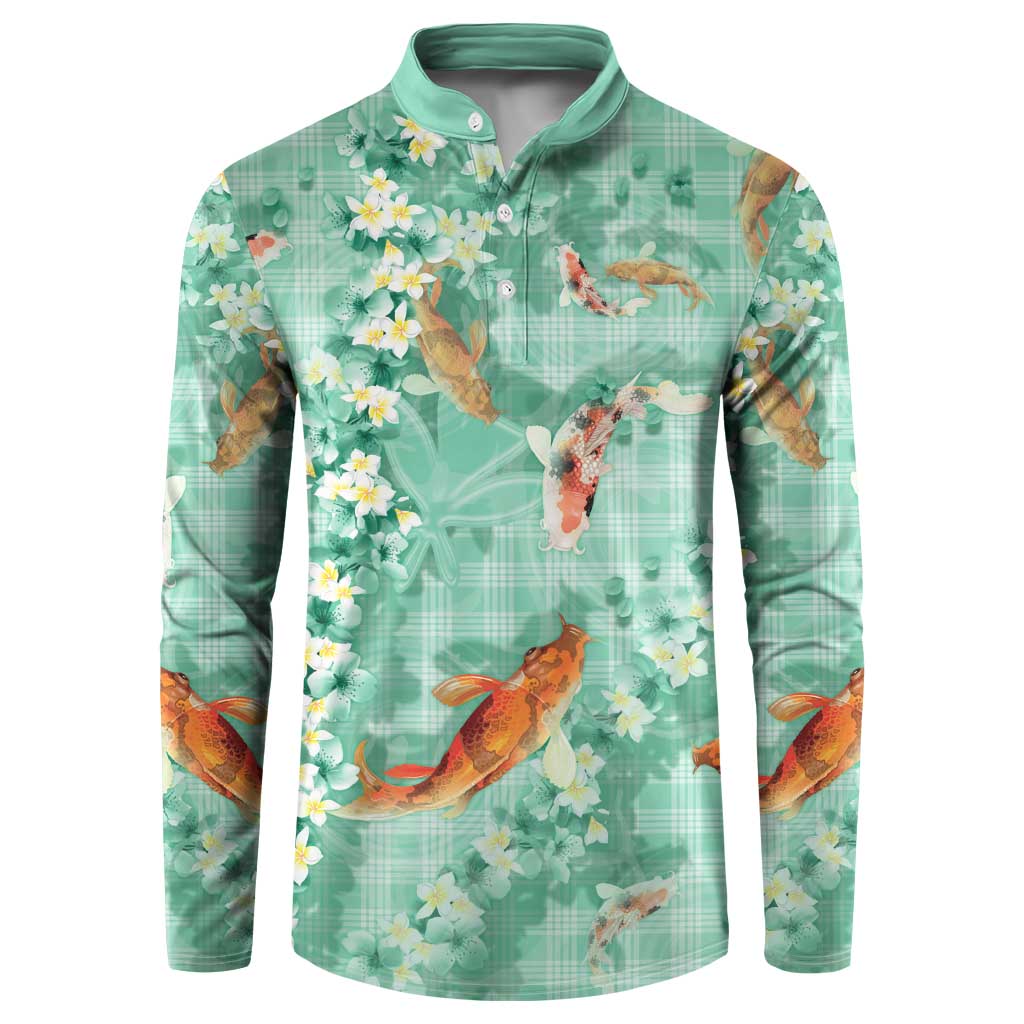 Green Palaka Hawaiian And Japanese Button Sweatshirt Sakura Lei With Koi Fish - Polynesian Pride