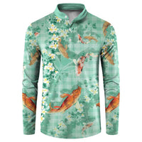 Green Palaka Hawaiian And Japanese Button Sweatshirt Sakura Lei With Koi Fish - Polynesian Pride