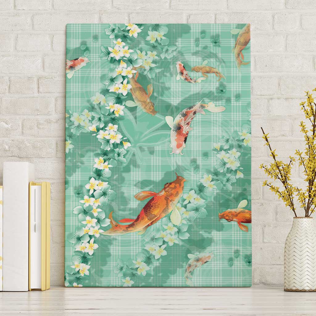 Green Palaka Hawaiian And Japanese Canvas Wall Art Sakura Lei With Koi Fish - Polynesian Pride