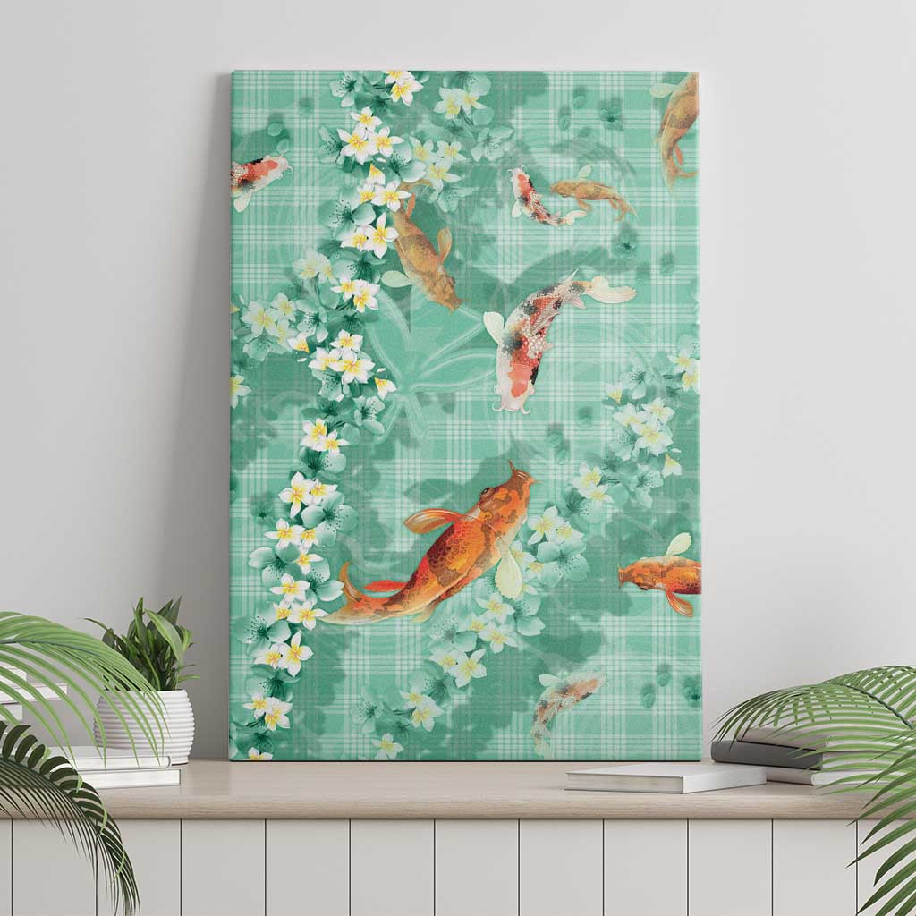 Green Palaka Hawaiian And Japanese Canvas Wall Art Sakura Lei With Koi Fish - Polynesian Pride