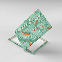 Green Palaka Hawaiian And Japanese Canvas Wall Art Sakura Lei With Koi Fish - Polynesian Pride