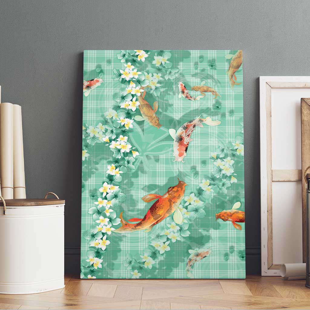 Green Palaka Hawaiian And Japanese Canvas Wall Art Sakura Lei With Koi Fish - Polynesian Pride