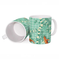 Green Palaka Hawaiian And Japanese Ceramic Mug Sakura Lei With Koi Fish - Polynesian Pride
