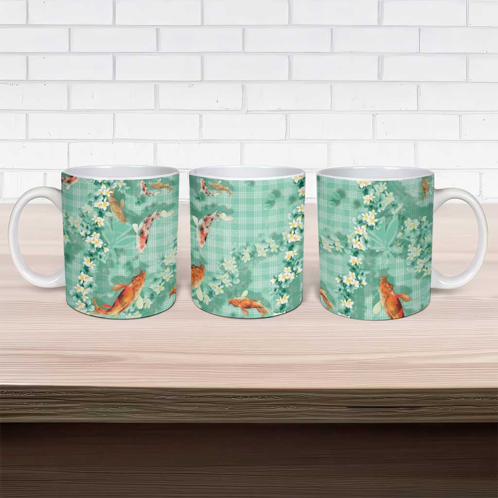 Green Palaka Hawaiian And Japanese Ceramic Mug Sakura Lei With Koi Fish - Polynesian Pride