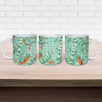 Green Palaka Hawaiian And Japanese Ceramic Mug Sakura Lei With Koi Fish - Polynesian Pride