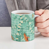 Green Palaka Hawaiian And Japanese Ceramic Mug Sakura Lei With Koi Fish - Polynesian Pride