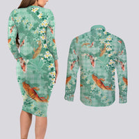 Green Palaka Hawaiian And Japanese Couples Matching Long Sleeve Bodycon Dress and Long Sleeve Button Shirt Sakura Lei With Koi Fish - Polynesian Pride