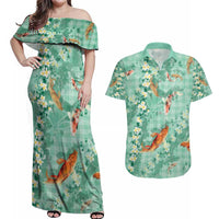 Green Palaka Hawaiian And Japanese Couples Matching Off Shoulder Maxi Dress and Hawaiian Shirt Sakura Lei With Koi Fish - Polynesian Pride