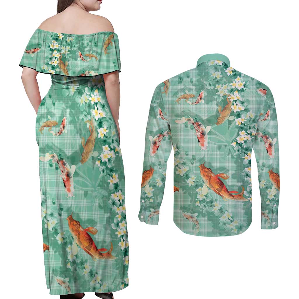 Green Palaka Hawaiian And Japanese Couples Matching Off Shoulder Maxi Dress and Long Sleeve Button Shirt Sakura Lei With Koi Fish - Polynesian Pride