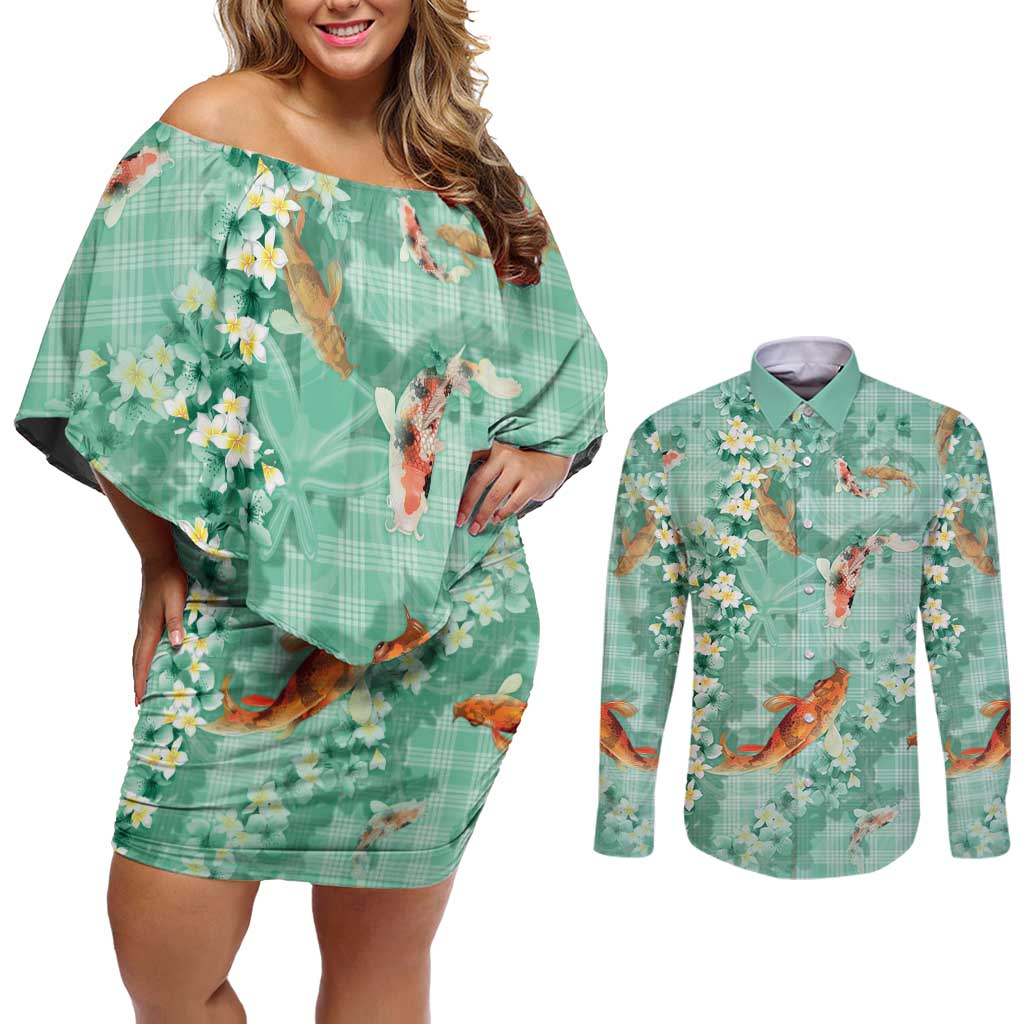Green Palaka Hawaiian And Japanese Couples Matching Off Shoulder Short Dress and Long Sleeve Button Shirt Sakura Lei With Koi Fish - Polynesian Pride