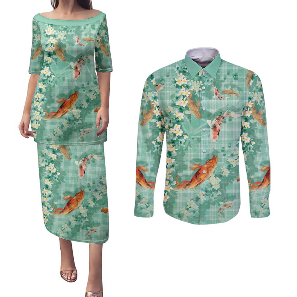 Green Palaka Hawaiian And Japanese Couples Matching Puletasi and Long Sleeve Button Shirt Sakura Lei With Koi Fish - Polynesian Pride