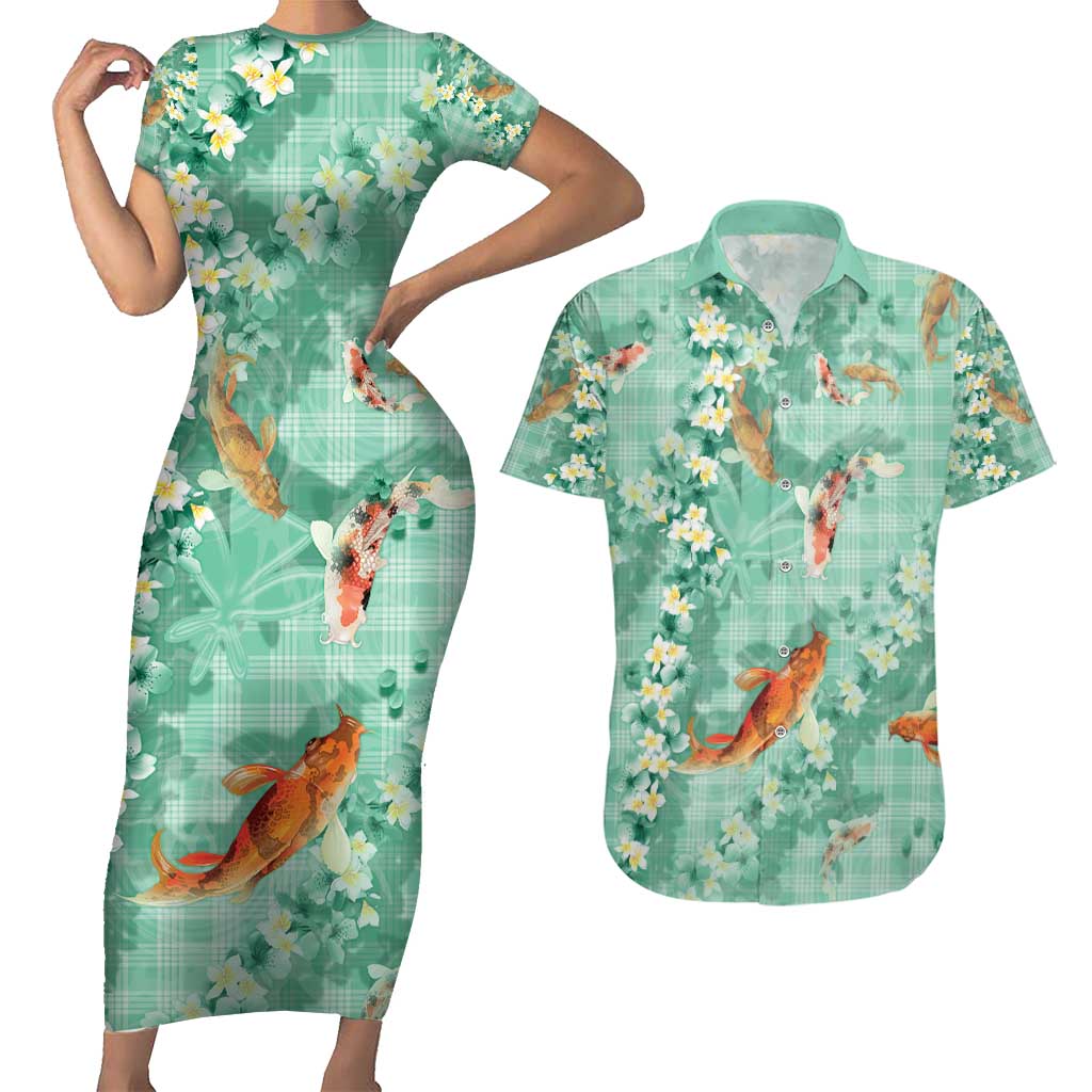 Green Palaka Hawaiian And Japanese Couples Matching Short Sleeve Bodycon Dress and Hawaiian Shirt Sakura Lei With Koi Fish - Polynesian Pride