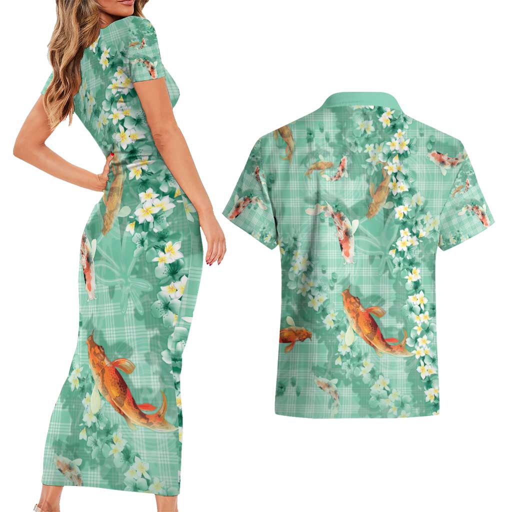 Green Palaka Hawaiian And Japanese Couples Matching Short Sleeve Bodycon Dress and Hawaiian Shirt Sakura Lei With Koi Fish - Polynesian Pride