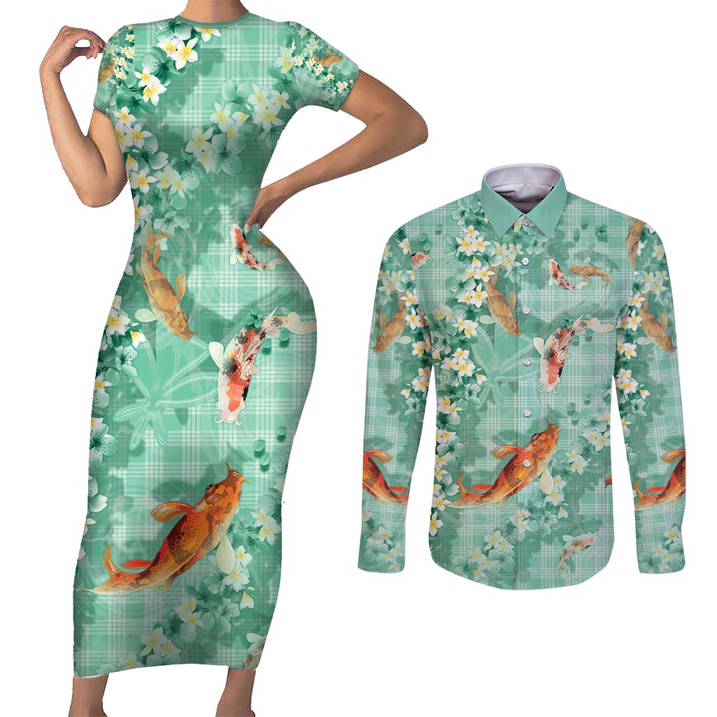 Green Palaka Hawaiian And Japanese Couples Matching Short Sleeve Bodycon Dress and Long Sleeve Button Shirt Sakura Lei With Koi Fish - Polynesian Pride