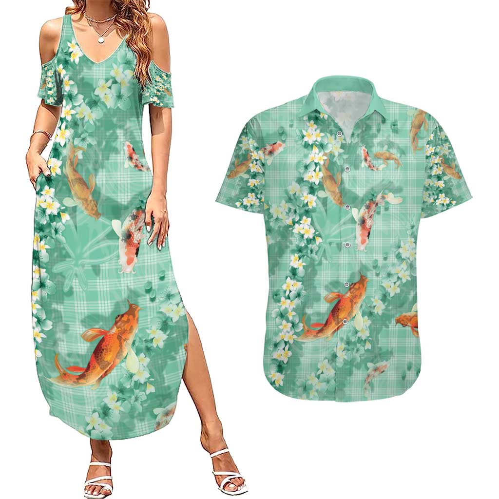 Green Palaka Hawaiian And Japanese Couples Matching Summer Maxi Dress and Hawaiian Shirt Sakura Lei With Koi Fish - Polynesian Pride