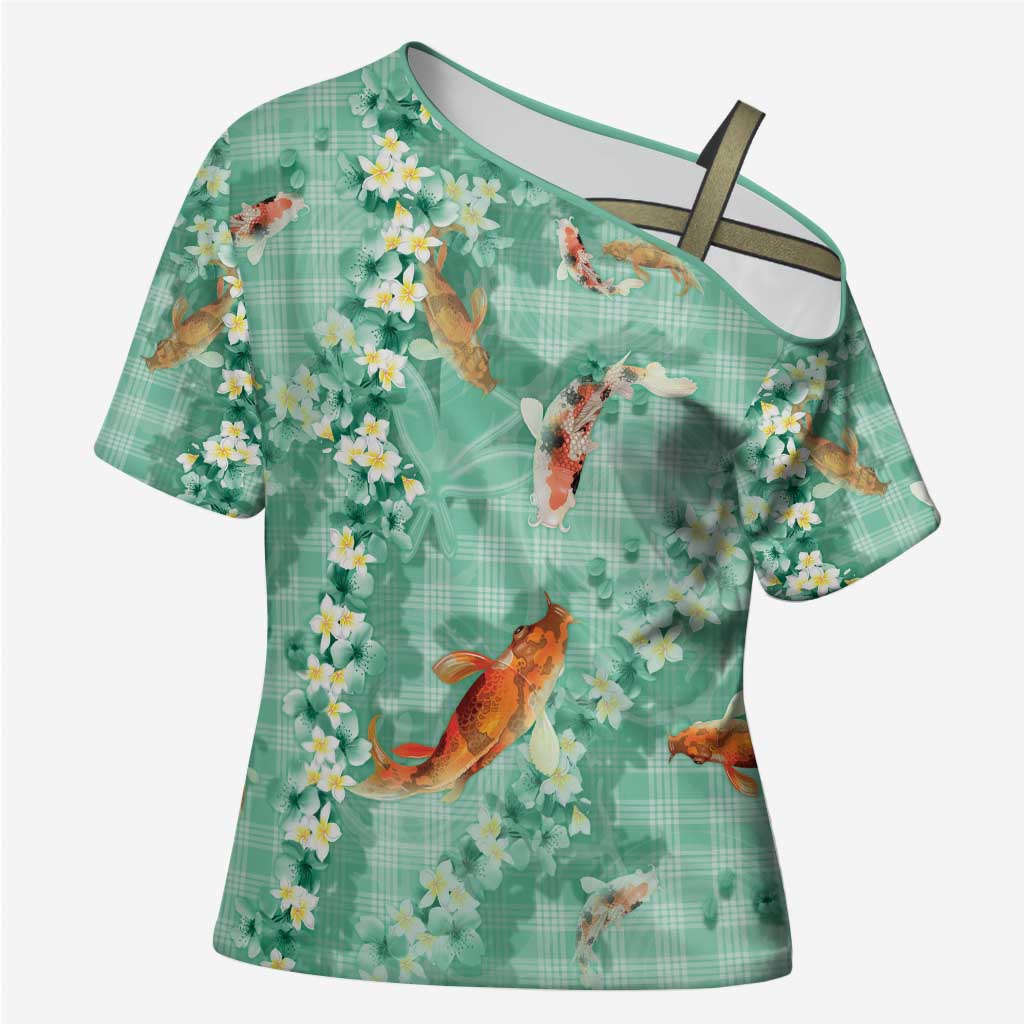 Green Palaka Hawaiian And Japanese Cross Shoulder Shirt Sakura Lei With Koi Fish - Polynesian Pride