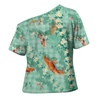 Green Palaka Hawaiian And Japanese Cross Shoulder Shirt Sakura Lei With Koi Fish - Polynesian Pride