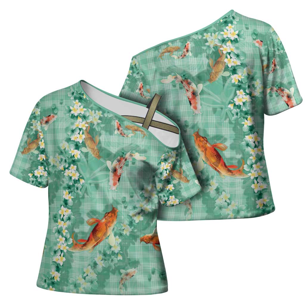 Green Palaka Hawaiian And Japanese Cross Shoulder Shirt Sakura Lei With Koi Fish - Polynesian Pride