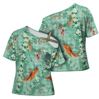 Green Palaka Hawaiian And Japanese Cross Shoulder Shirt Sakura Lei With Koi Fish - Polynesian Pride