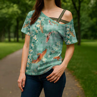 Green Palaka Hawaiian And Japanese Cross Shoulder Shirt Sakura Lei With Koi Fish - Polynesian Pride
