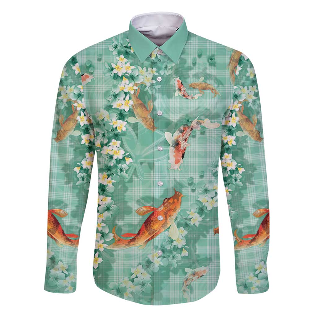 Green Palaka Hawaiian And Japanese Family Matching Long Sleeve Bodycon Dress and Hawaiian Shirt Sakura Lei With Koi Fish - Polynesian Pride