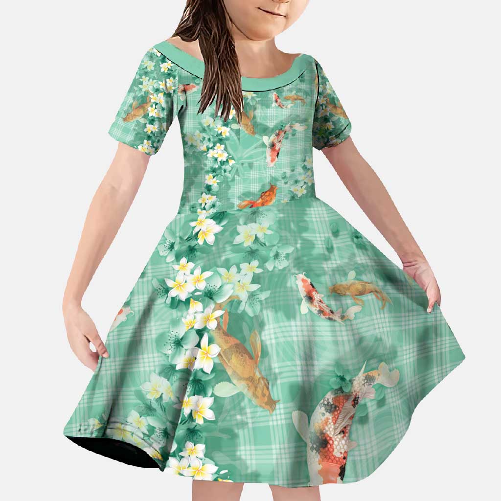 Green Palaka Hawaiian And Japanese Family Matching Mermaid Dress and Hawaiian Shirt Sakura Lei With Koi Fish - Polynesian Pride