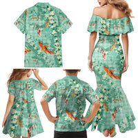 Green Palaka Hawaiian And Japanese Family Matching Mermaid Dress and Hawaiian Shirt Sakura Lei With Koi Fish - Polynesian Pride