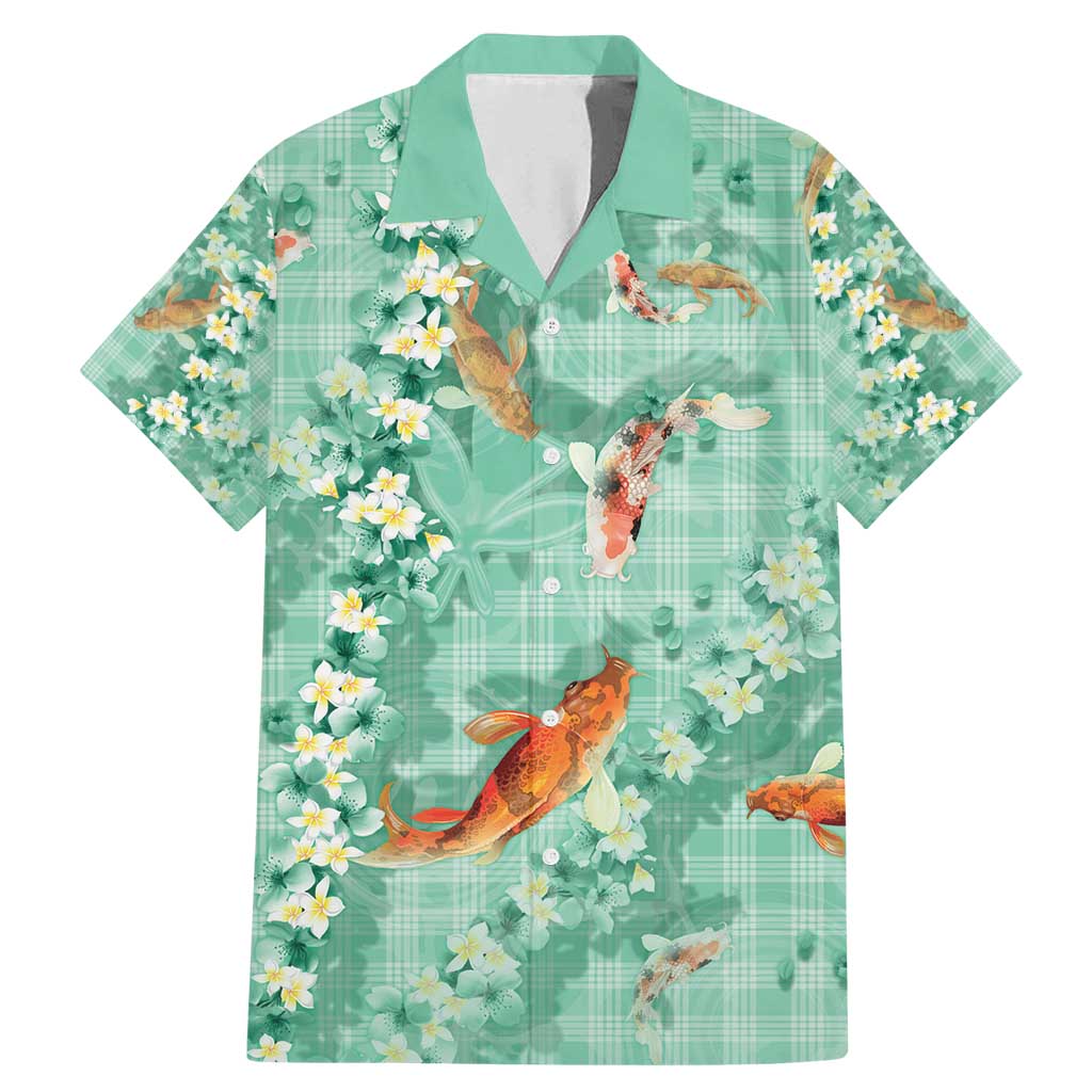 Green Palaka Hawaiian And Japanese Family Matching Mermaid Dress and Hawaiian Shirt Sakura Lei With Koi Fish - Polynesian Pride