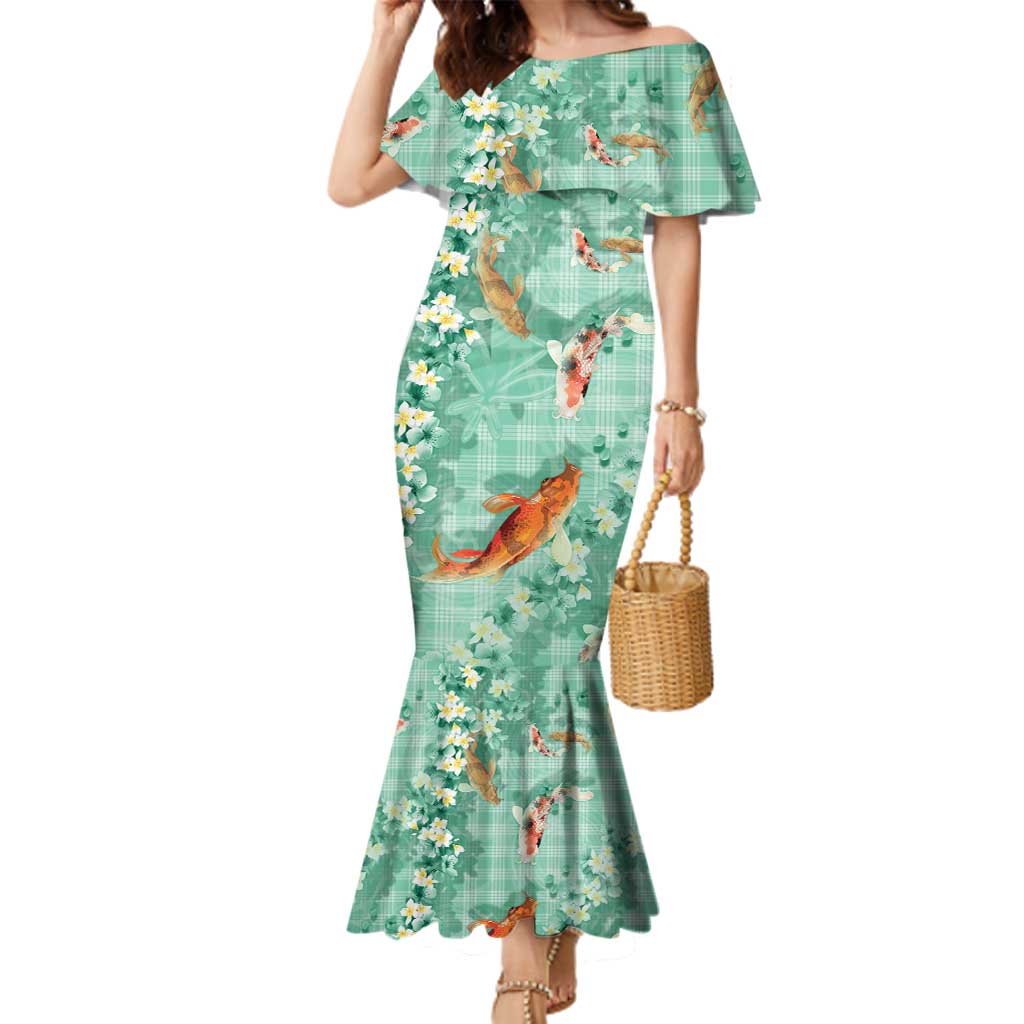 Green Palaka Hawaiian And Japanese Family Matching Mermaid Dress and Hawaiian Shirt Sakura Lei With Koi Fish - Polynesian Pride