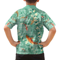 Green Palaka Hawaiian And Japanese Family Matching Off The Shoulder Long Sleeve Dress and Hawaiian Shirt Sakura Lei With Koi Fish - Polynesian Pride