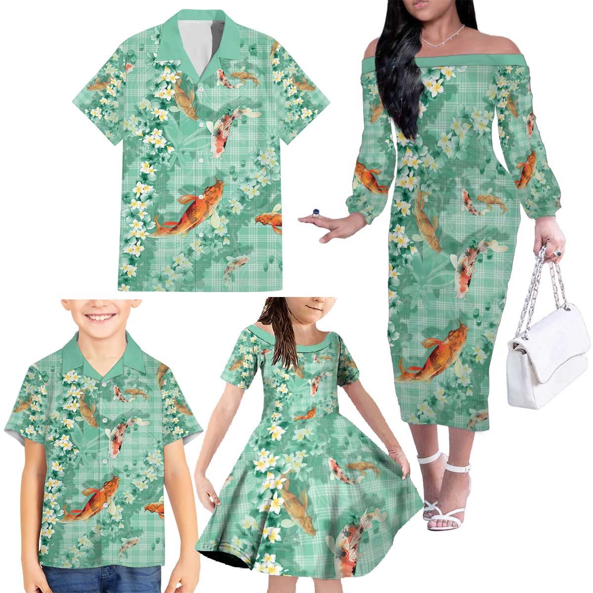 Green Palaka Hawaiian And Japanese Family Matching Off The Shoulder Long Sleeve Dress and Hawaiian Shirt Sakura Lei With Koi Fish - Polynesian Pride