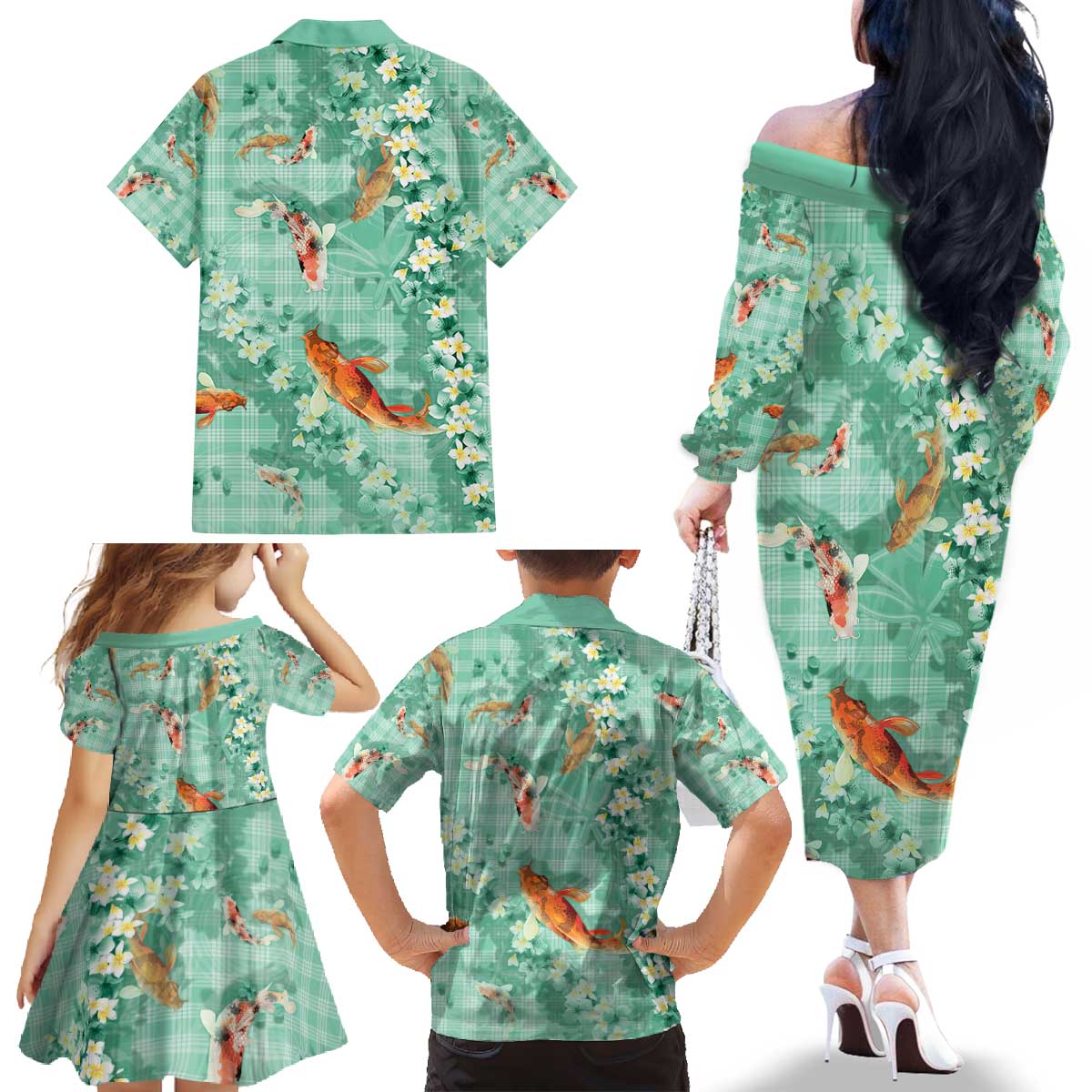 Green Palaka Hawaiian And Japanese Family Matching Off The Shoulder Long Sleeve Dress and Hawaiian Shirt Sakura Lei With Koi Fish - Polynesian Pride