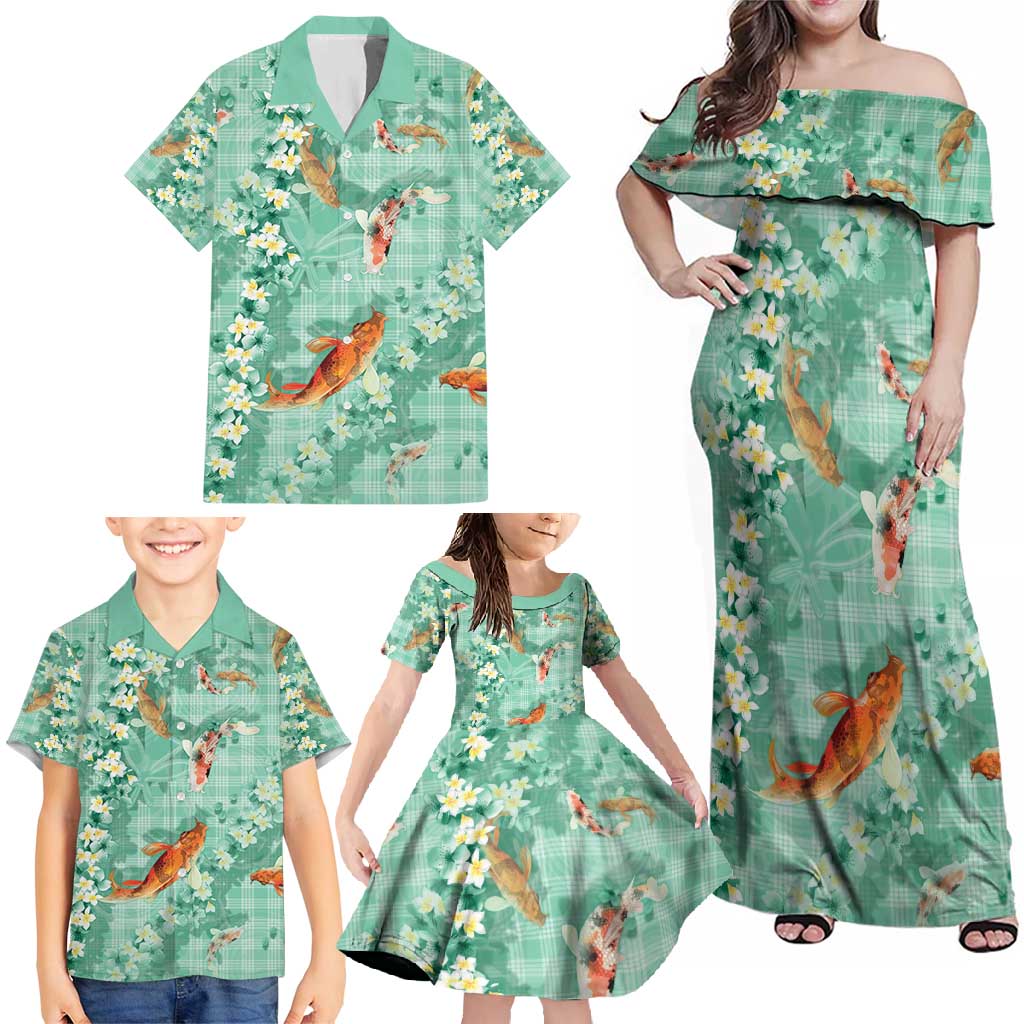 Green Palaka Hawaiian And Japanese Family Matching Off Shoulder Maxi Dress and Hawaiian Shirt Sakura Lei With Koi Fish - Polynesian Pride