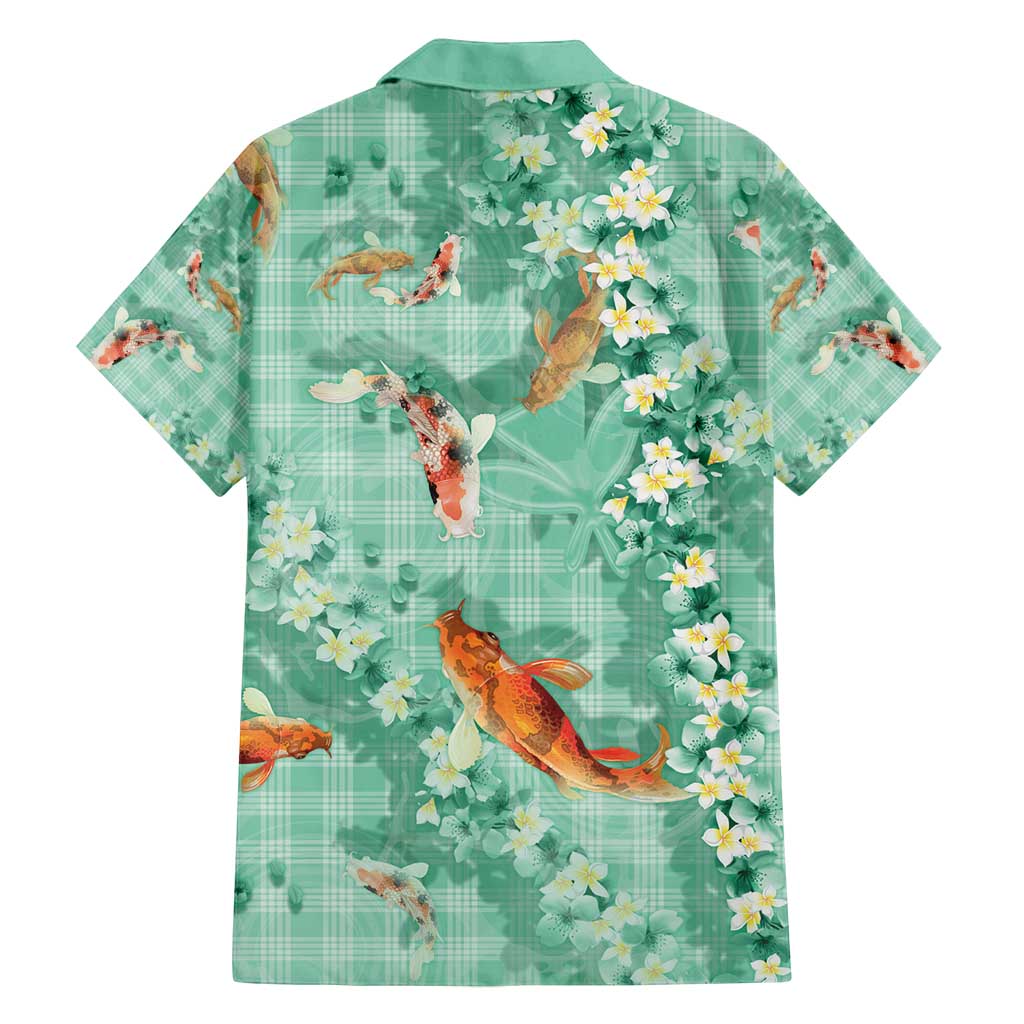 Green Palaka Hawaiian And Japanese Family Matching Off Shoulder Maxi Dress and Hawaiian Shirt Sakura Lei With Koi Fish - Polynesian Pride