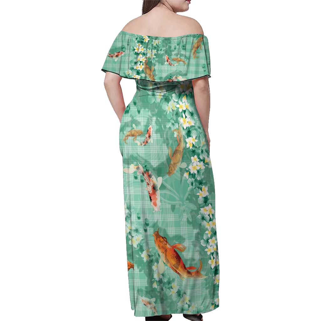 Green Palaka Hawaiian And Japanese Family Matching Off Shoulder Maxi Dress and Hawaiian Shirt Sakura Lei With Koi Fish - Polynesian Pride