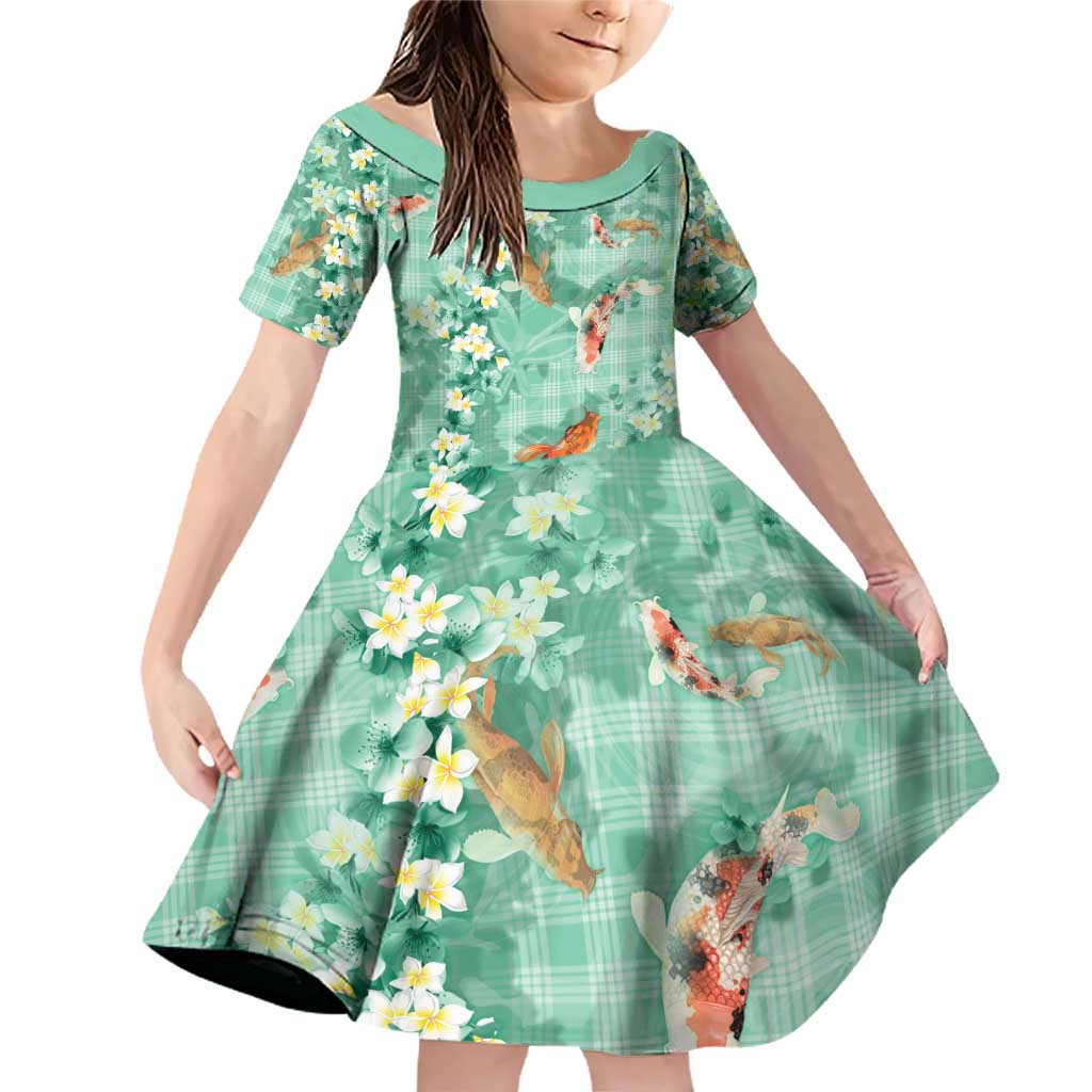 Green Palaka Hawaiian And Japanese Family Matching Off Shoulder Short Dress and Hawaiian Shirt Sakura Lei With Koi Fish - Polynesian Pride