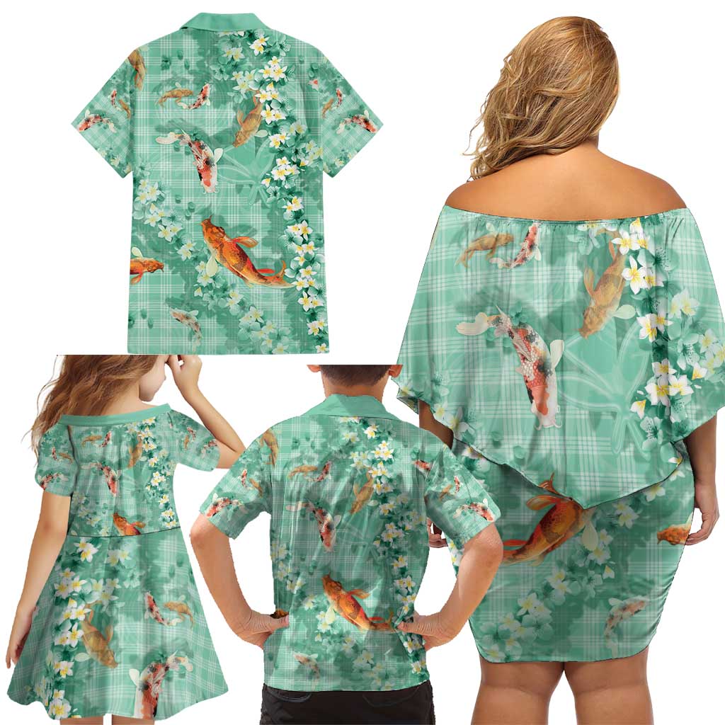 Green Palaka Hawaiian And Japanese Family Matching Off Shoulder Short Dress and Hawaiian Shirt Sakura Lei With Koi Fish - Polynesian Pride