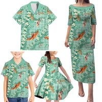 Green Palaka Hawaiian And Japanese Family Matching Puletasi and Hawaiian Shirt Sakura Lei With Koi Fish DT05 - Polynesian Pride