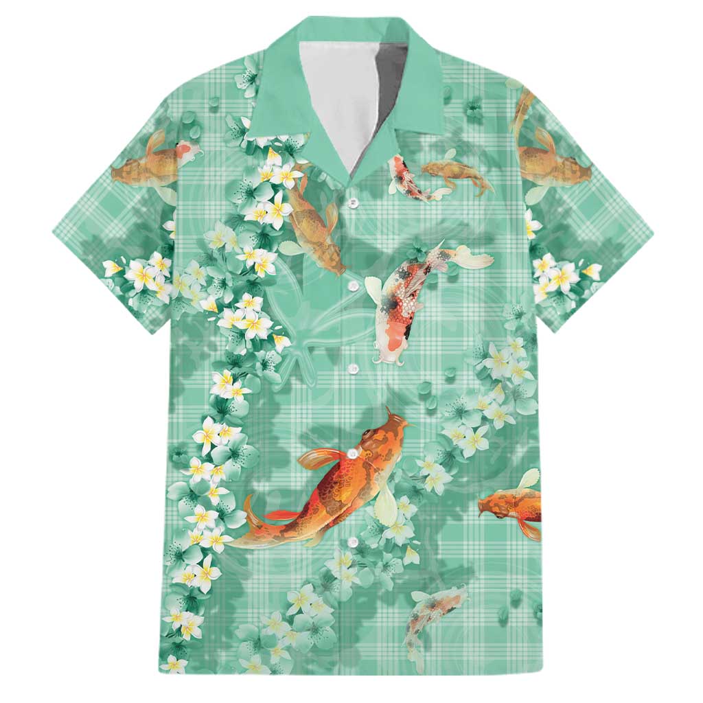 Green Palaka Hawaiian And Japanese Family Matching Puletasi and Hawaiian Shirt Sakura Lei With Koi Fish DT05 Dad's Shirt - Short Sleeve Green - Polynesian Pride