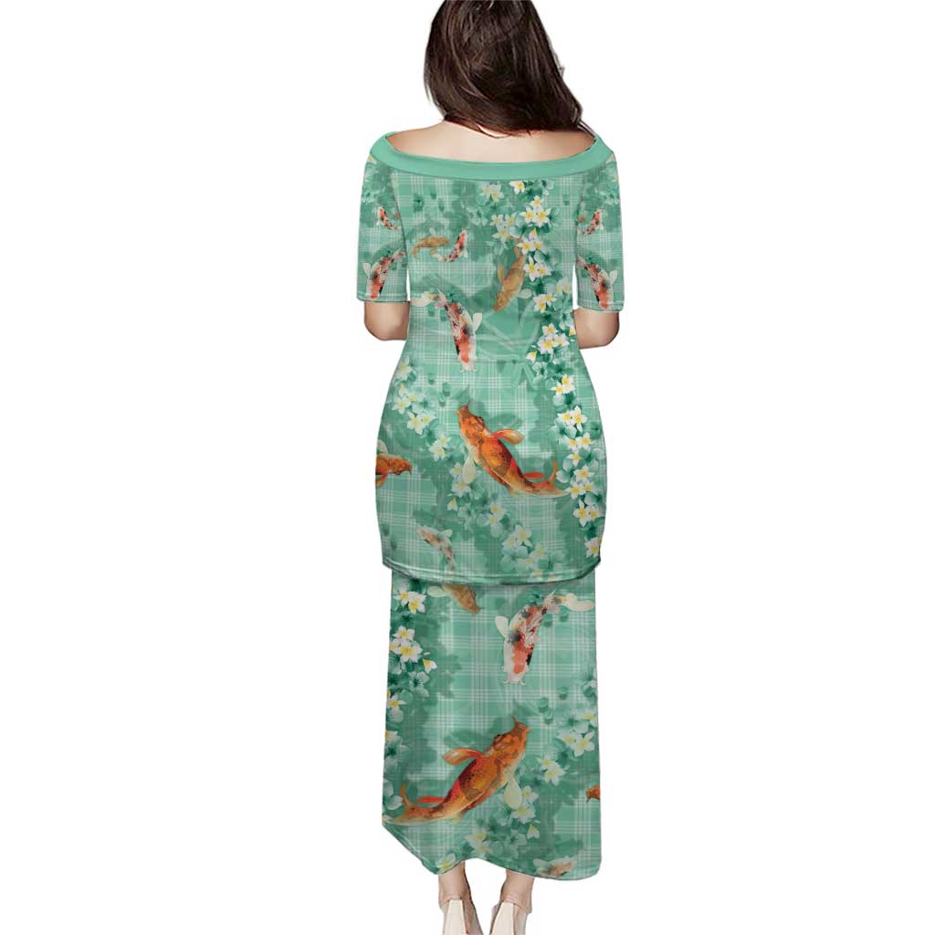 Green Palaka Hawaiian And Japanese Family Matching Puletasi and Hawaiian Shirt Sakura Lei With Koi Fish DT05 - Polynesian Pride
